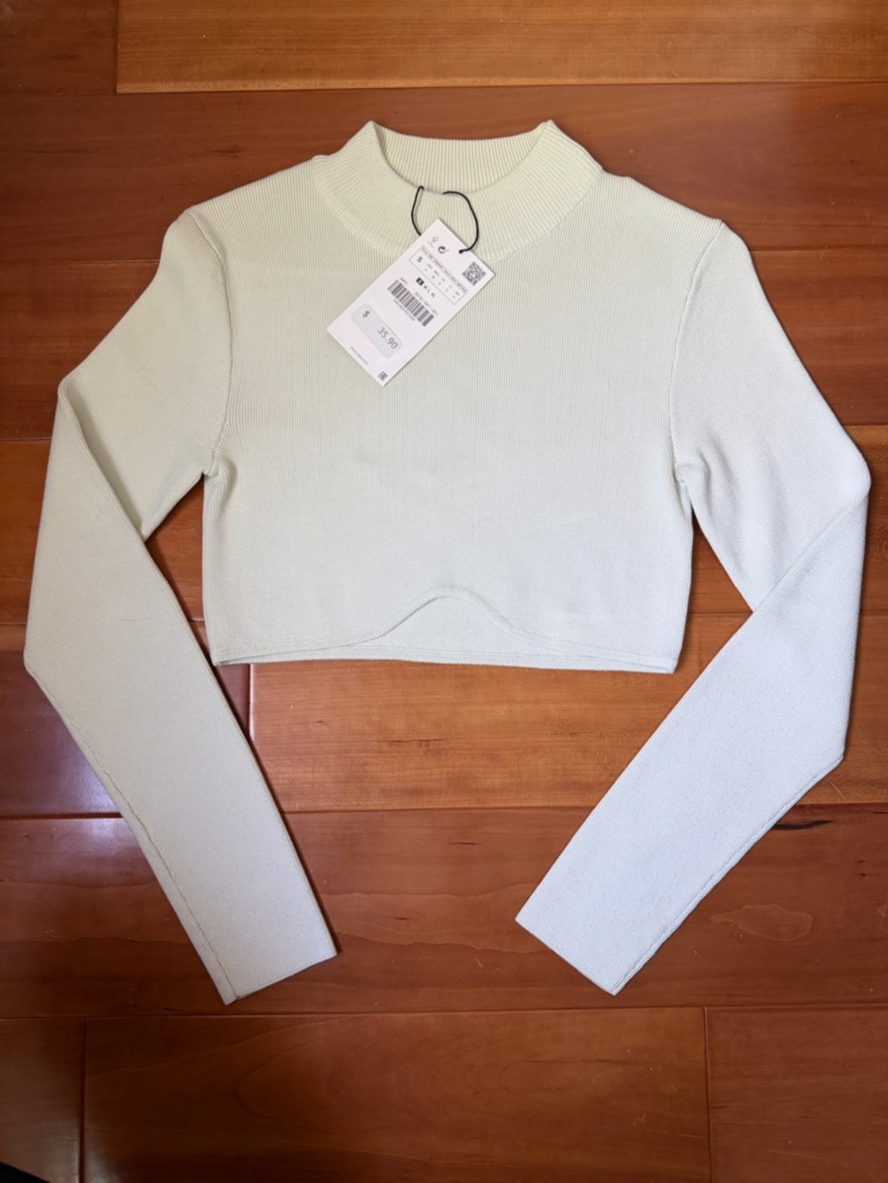 Zara Cropped Mock Neck Long-Sleeve Sweater - Pale Green - S